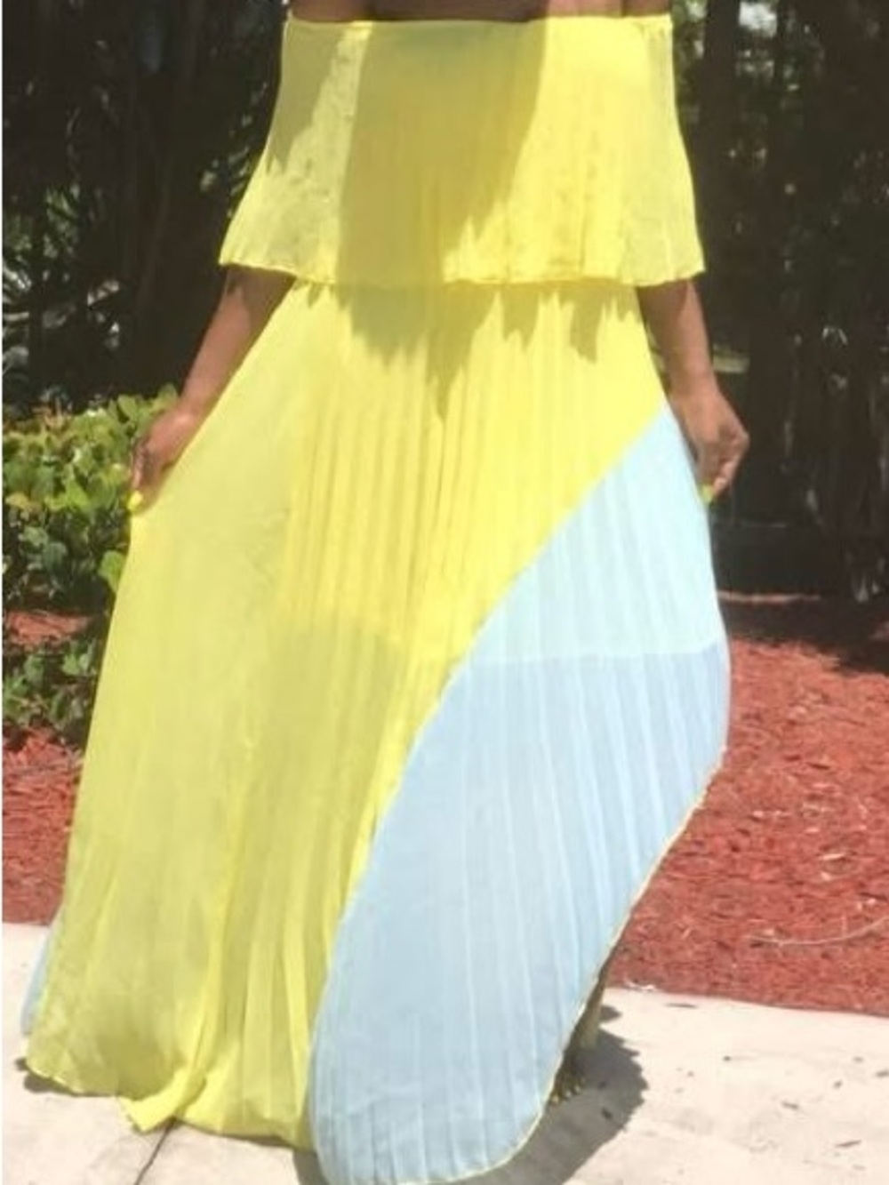 Off-Shoulder Yellow and Light Blue Colorblock Maxi Dress